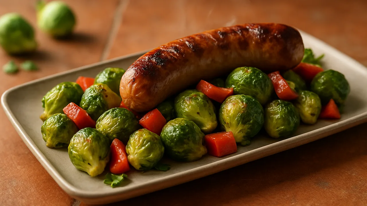 Mexikanisch Bratwurst mit Rosenkohl aus dem Airfryer mit Bratwurst und Rosenkohl, auf Terracotta-Fliesen angerichtet.
