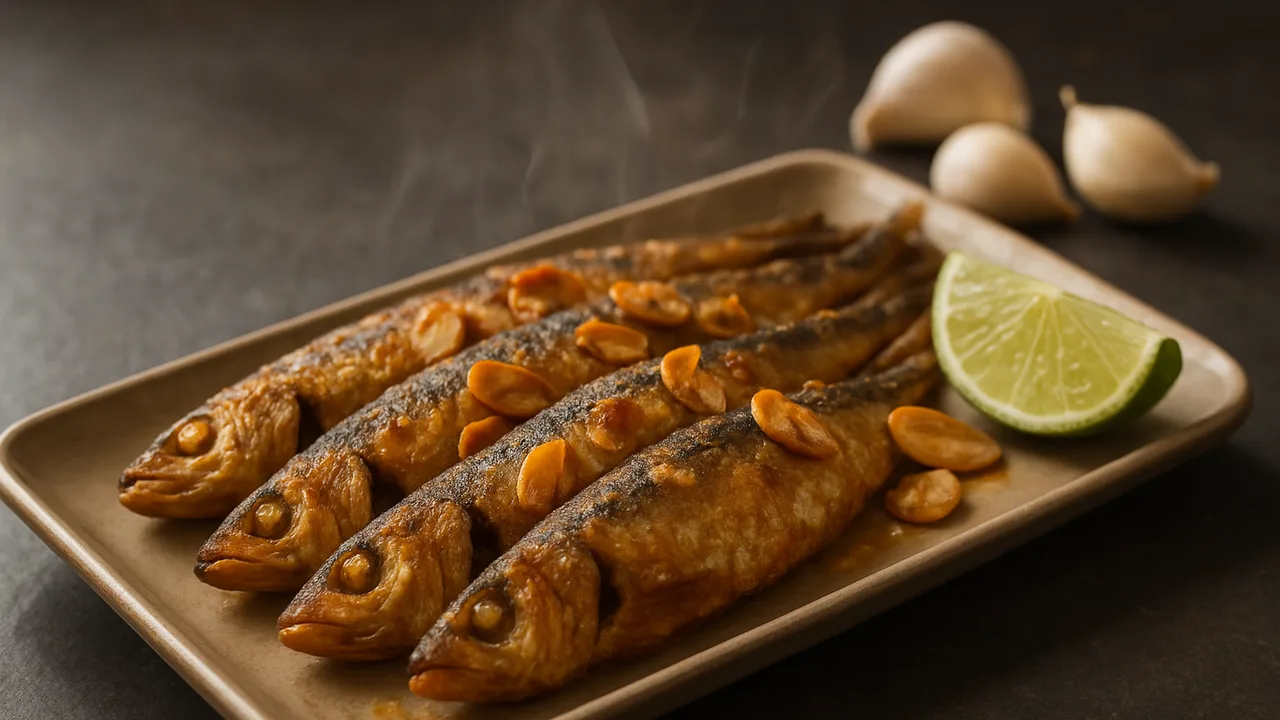 Mexikanisch Sardinen mit Knoblauch aus dem Airfryer mit Sardinen und Knoblauchzehen, auf dunklem Schiefer angerichtet.