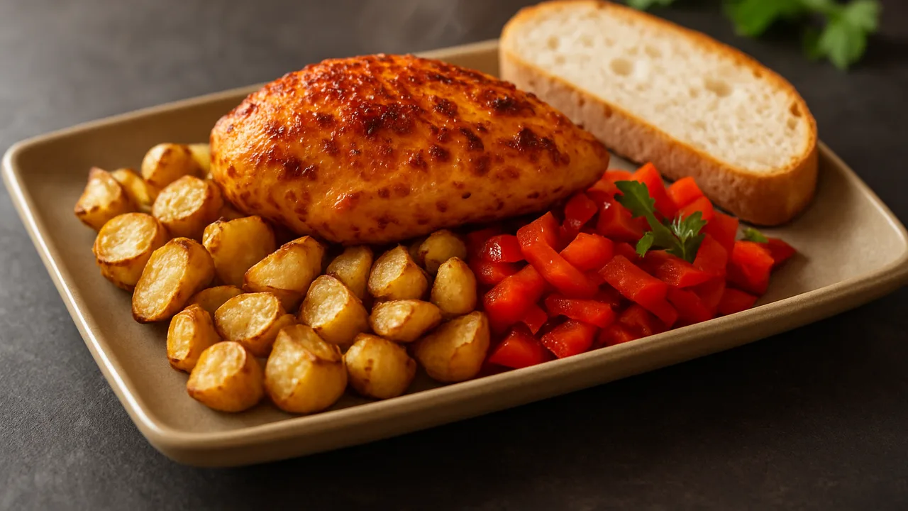 Mexikanische Hähnchenbrust Bowl mit Topinambur und Brot aus dem Airfryer mit Hähnchenbrust und Topinambur, auf dunklem …