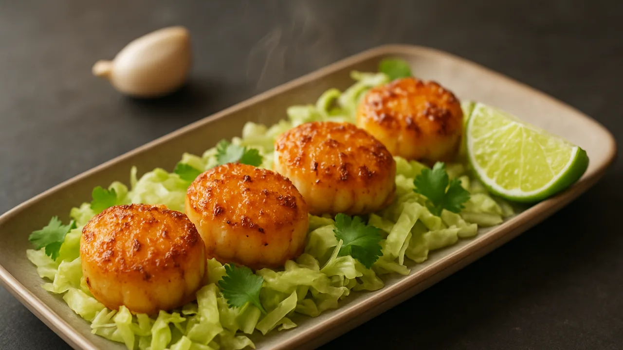 Mexikanische Jakobsmuscheln mit Eisbergsalat aus dem Airfryer mit Jakobsmuscheln und Knoblauchzehe, auf dunklem Schiefer …
