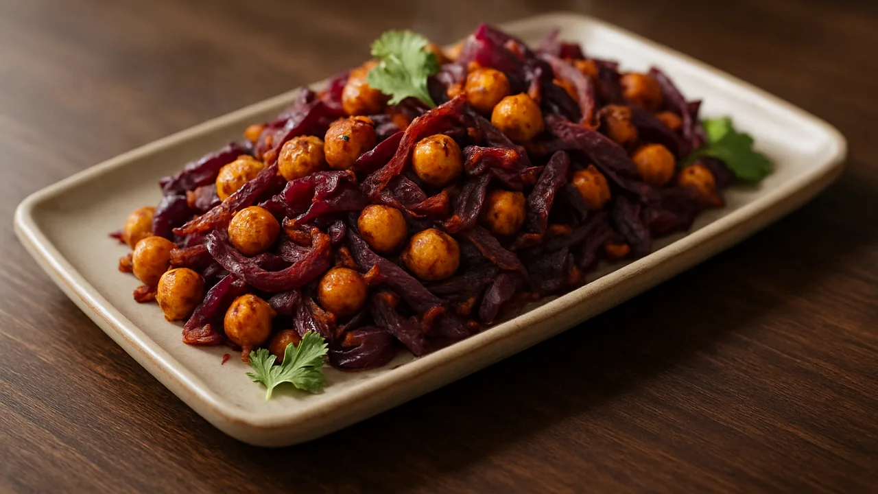 Mexikanische Kichererbsen-Rotkohl-Pfanne aus dem Airfryer mit Kichererbsen (abgetropft) und Rotkohl, auf dunklem …