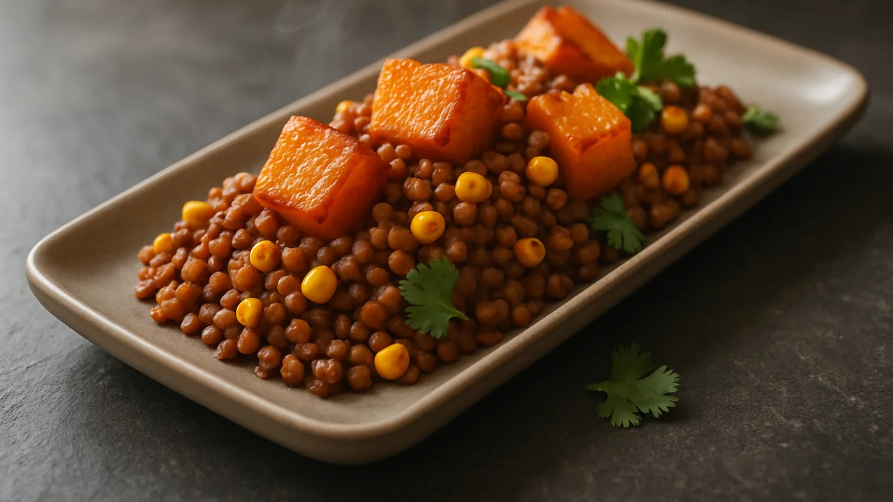 Mexikanische Linsen mit Kürbis aus dem Airfryer mit Linsen und Kürbis, auf dunklem Schiefer angerichtet.