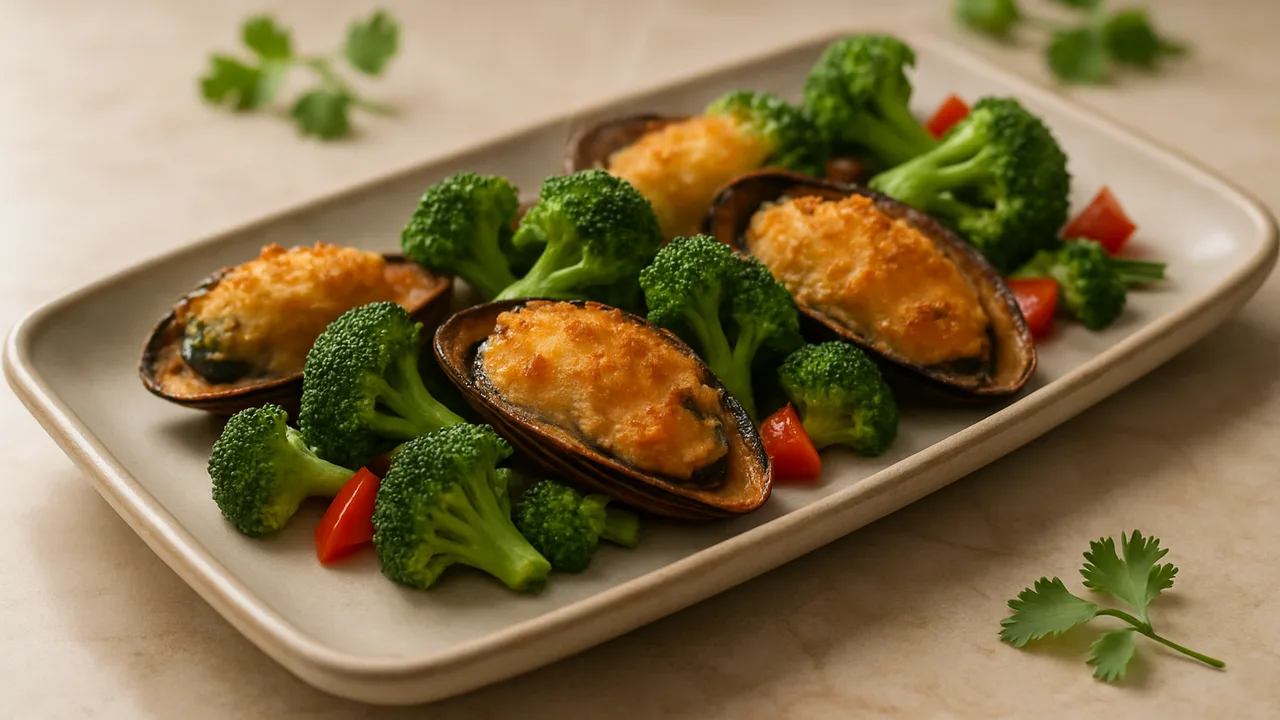 Mexikanische Miesmuscheln mit Brokkoli aus dem Airfryer mit Miesmuscheln und Brokkoliröschen, auf beigem Marmor angerichtet.