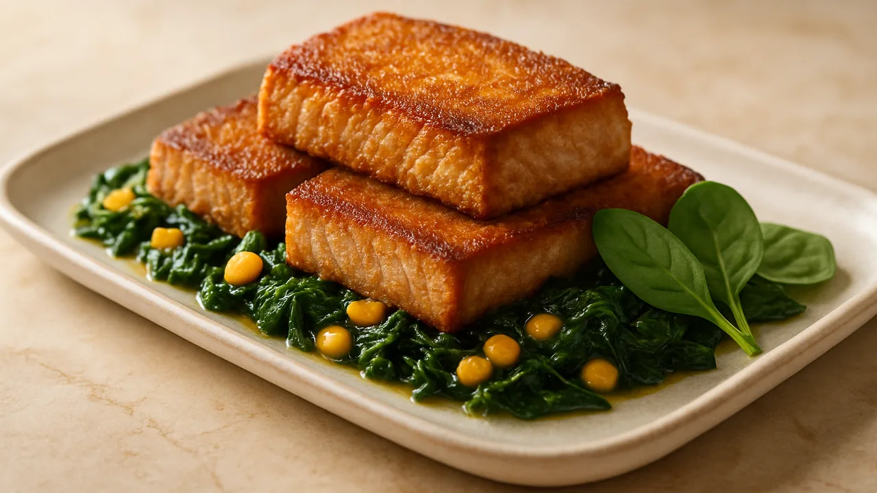 Mexikanischer Thunfisch mit Spinat aus dem Airfryer mit Thunfischsteaks und Blattspinat, auf beigem Marmor angerichtet.