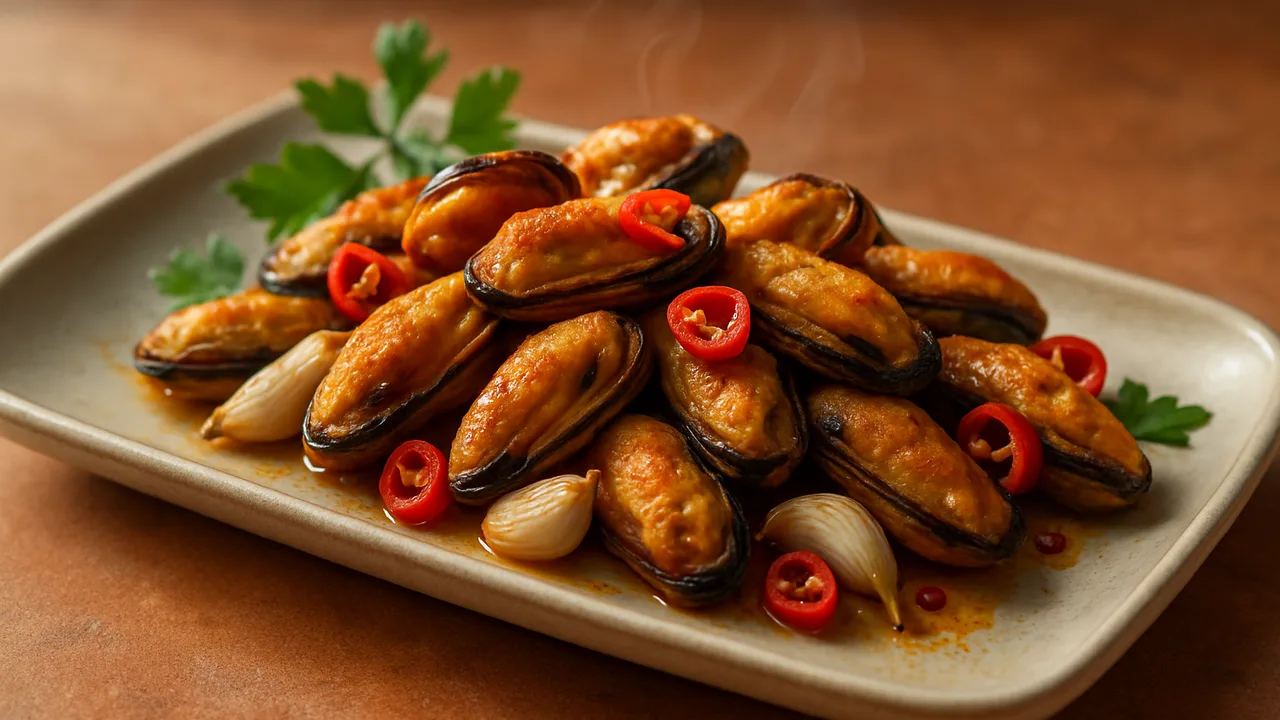 Miesmuscheln-Chili-Pfanne aus dem Airfryer mit Miesmuscheln und Knoblauchzehen, auf Terracotta-Fliesen angerichtet.