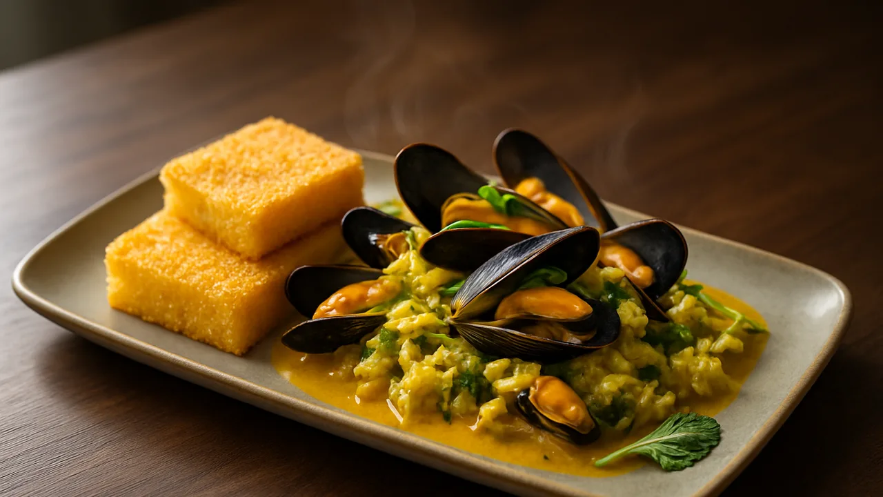 Miesmuscheln Curry mit Chinakohl und Polenta aus dem Airfryer mit Miesmuscheln und Chinakohl, auf dunklem Walnussholz …
