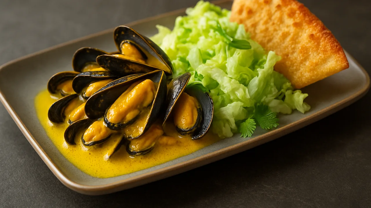 Miesmuscheln Curry mit Eisbergsalat und Tortilla aus dem Airfryer mit Miesmuscheln und Kokosmilch, auf dunklem Schiefer …