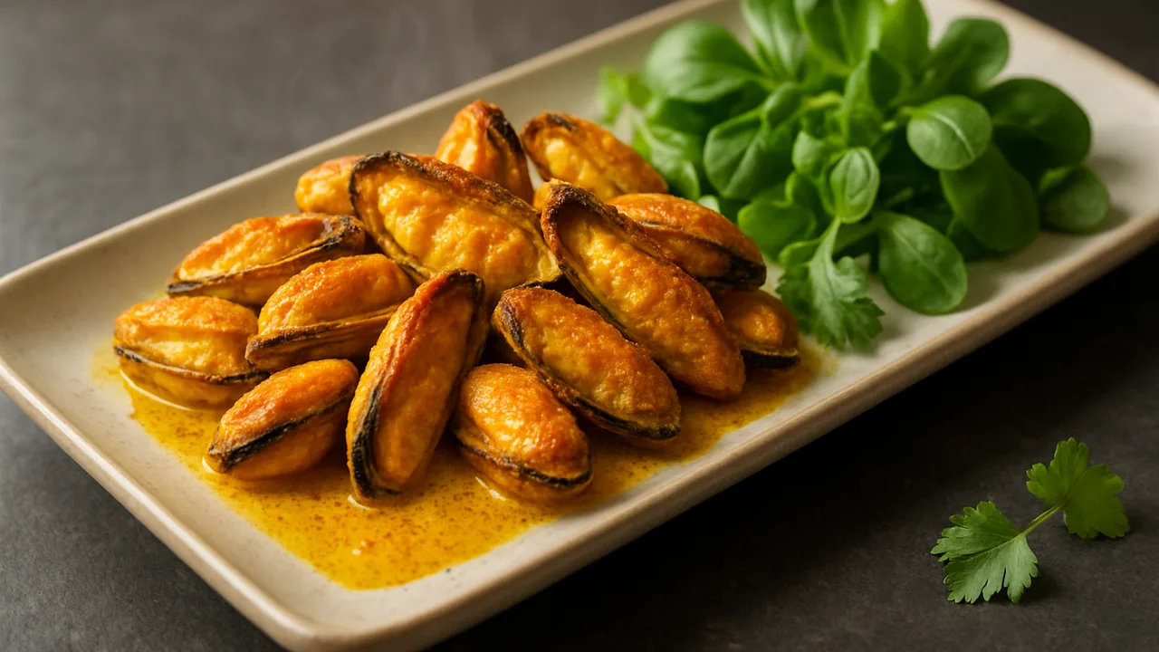 Miesmuscheln Curry mit Feldsalat aus dem Airfryer mit Miesmuscheln und Kokosmilch, auf dunklem Schiefer angerichtet.
