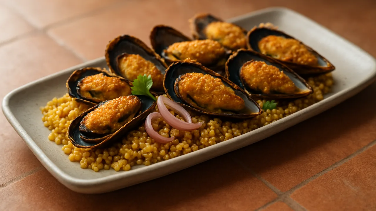 Miesmuscheln Curry mit Schalotte und Quinoa aus dem Airfryer mit Miesmuscheln und Quinoa, auf Terracotta-Fliesen angerichtet.