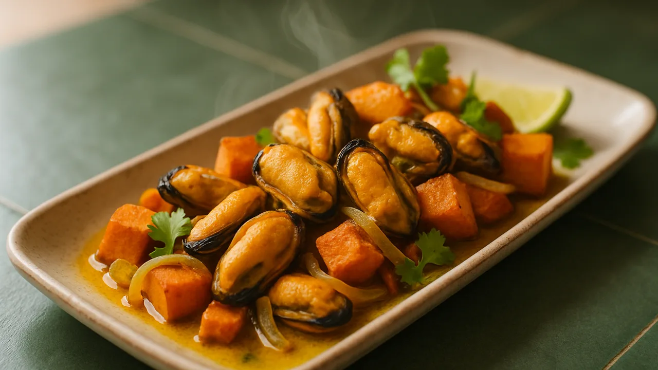 Miesmuscheln Curry mit Süßkartoffel aus dem Airfryer mit Miesmuscheln und Süßkartoffel, auf dunkelgrünen Fliesen angerichtet.