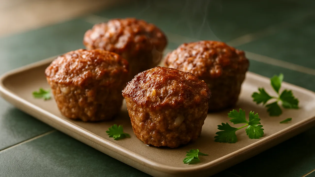 Mini-Hackbraten im Muffin-Stil aus dem Airfryer mit Hackfleisch gemischt und Ei, auf dunkelgrünen Fliesen angerichtet.