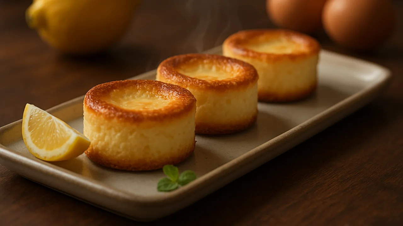 Mini-Käsekuchen mit Quark aus dem Airfryer mit Quark und Eier, auf dunklem Walnussholz angerichtet.