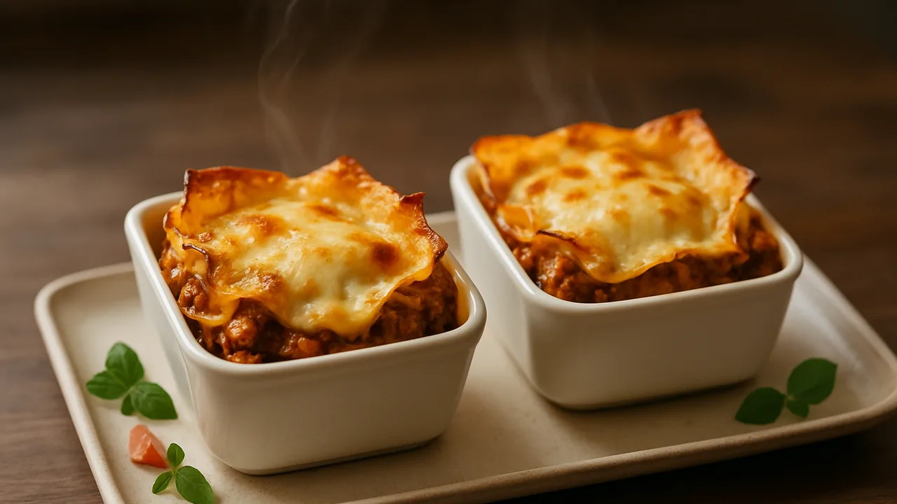 Mini-Lasagne im Förmchen für zwei aus dem Airfryer mit Lasagneplatten und Rinderhackfleisch, auf dunklem Walnussholz …