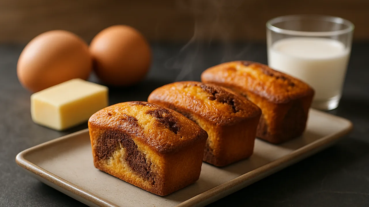 Mini-Marmorkuchen mit Kakao aus dem Airfryer mit Eier und Butter, auf dunklem Schiefer angerichtet.