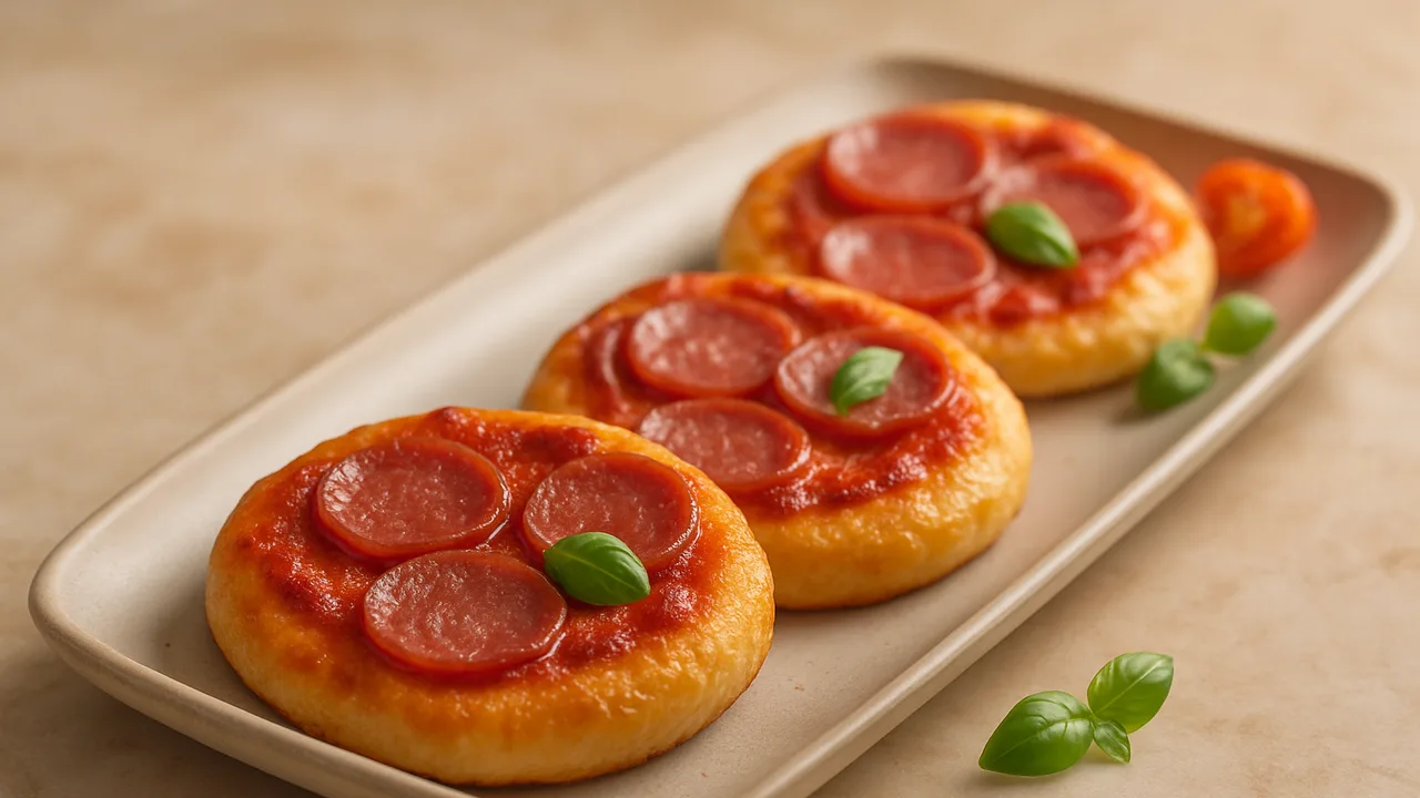 Mini-Pizza aus Pizzateig mit Salami aus dem Airfryer mit Pizzateig und Tomatenmark, auf beigem Marmor angerichtet.