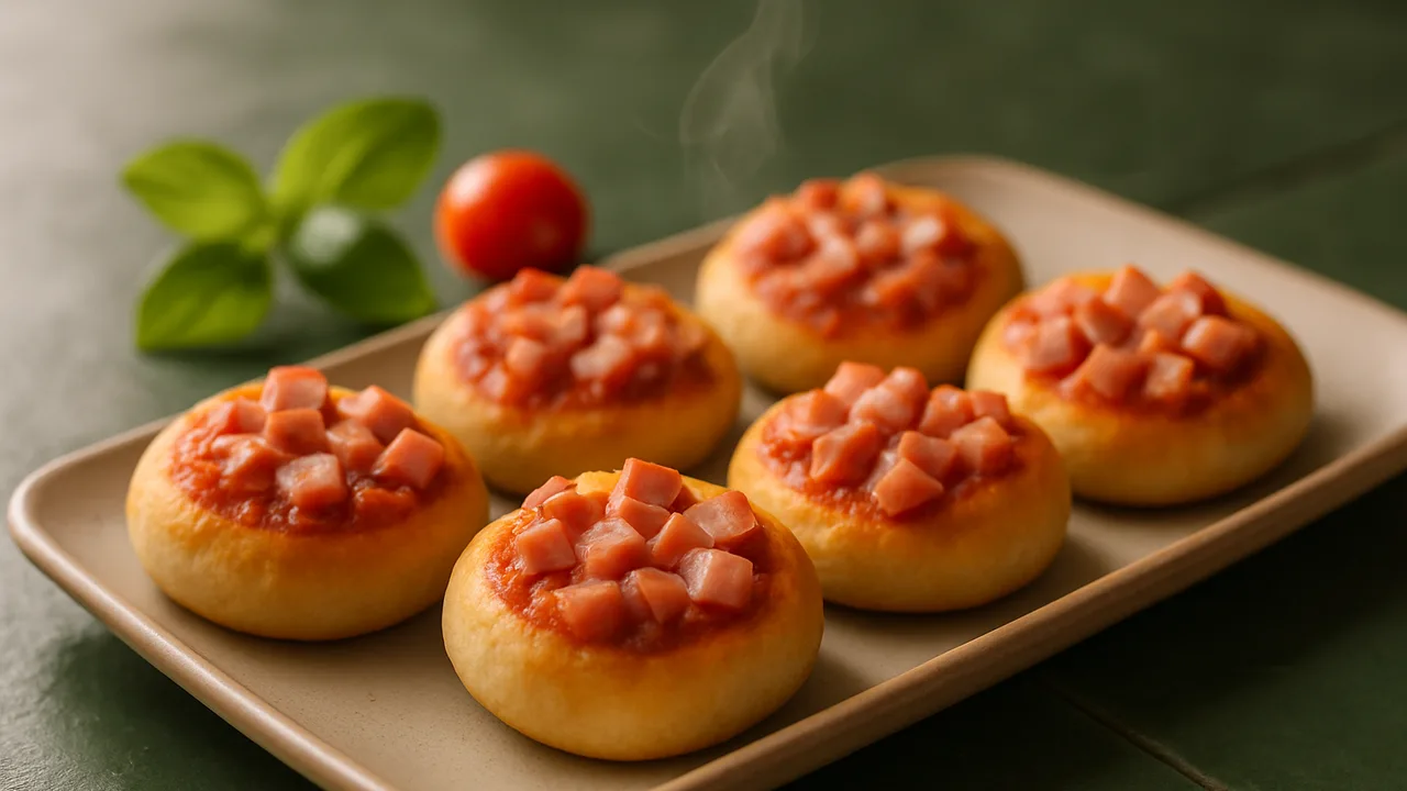 Mini-Pizzabrötchen für Kinder mit Schinken aus dem Airfryer mit Brötchen und Tomatenmark, auf dunkelgrünen Fliesen …