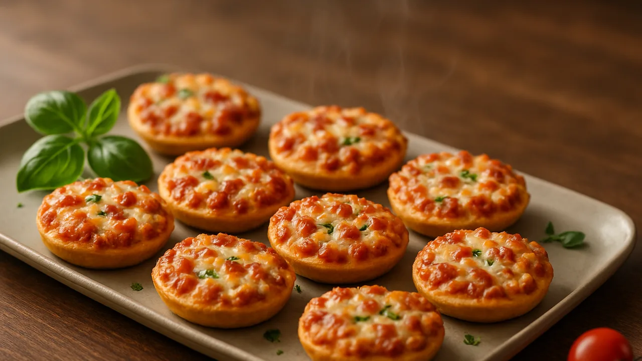 Mini-Pizzen aus dem Tiefkühler im Airfryer aufbacken mit Tiefkühl-Mini-Pizzen (Piccolinis), auf dunklem Walnussholz …