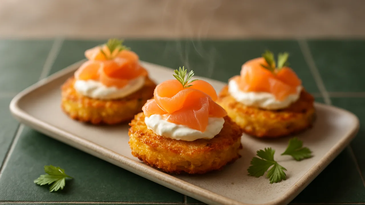 Mini-Reibekuchen als Fingerfood mit Lachs aus dem Airfryer mit Rösti-Masse und Räucherlachs, auf dunkelgrünen Fliesen …