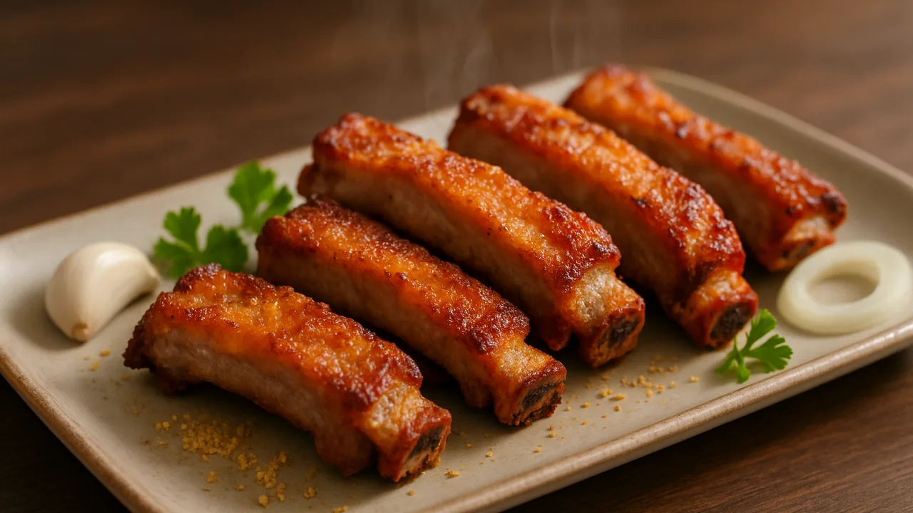 Mini-Spareribs für zwei Personen aus dem Airfryer mit Spareribs und Knoblauchpulver, auf dunklem Walnussholz angerichtet.