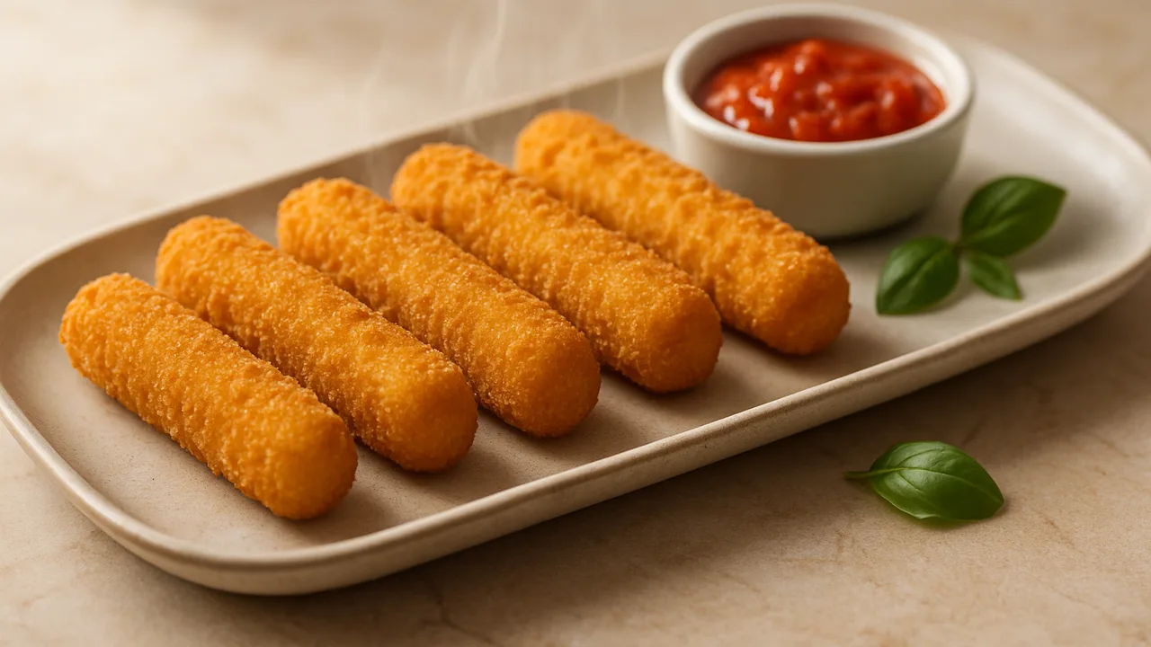 Mozzarella-Sticks aus dem Airfryer – TK knusprig mit TK-Mozzarella-Sticks, auf beigem Marmor angerichtet.