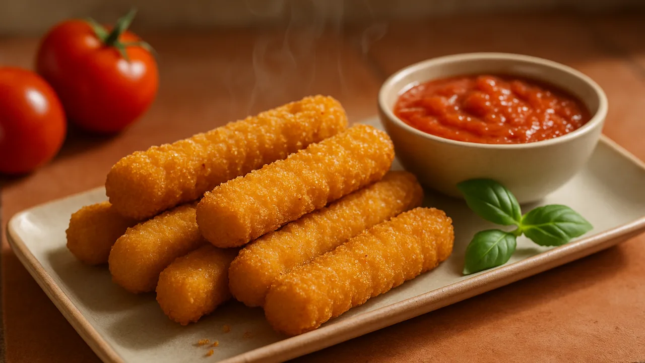 Mozzarella-Sticks mit Tomaten-Dip aus dem Airfryer mit Mozzarella-Sticks (TK) und Tomaten, auf Terracotta-Fliesen …