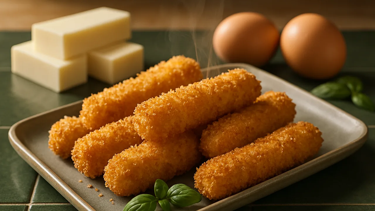 Mozzarella-Sticks selbstgemacht mit Panko aus dem Airfryer mit Mozzarella-Sticks (aus dem Block geschnitten) und Eier, auf …