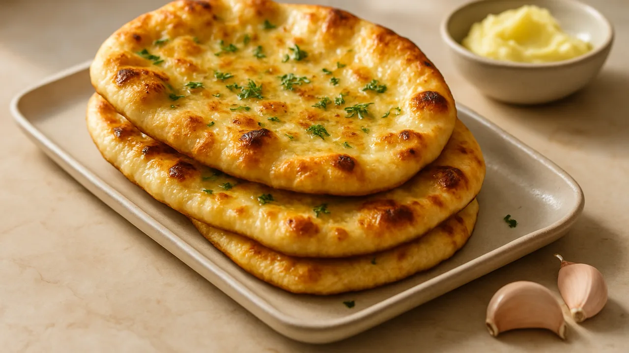 Naan mit Knoblauchbutter aufbacken aus dem Airfryer mit Naan-Brote und Butter, auf beigem Marmor angerichtet.