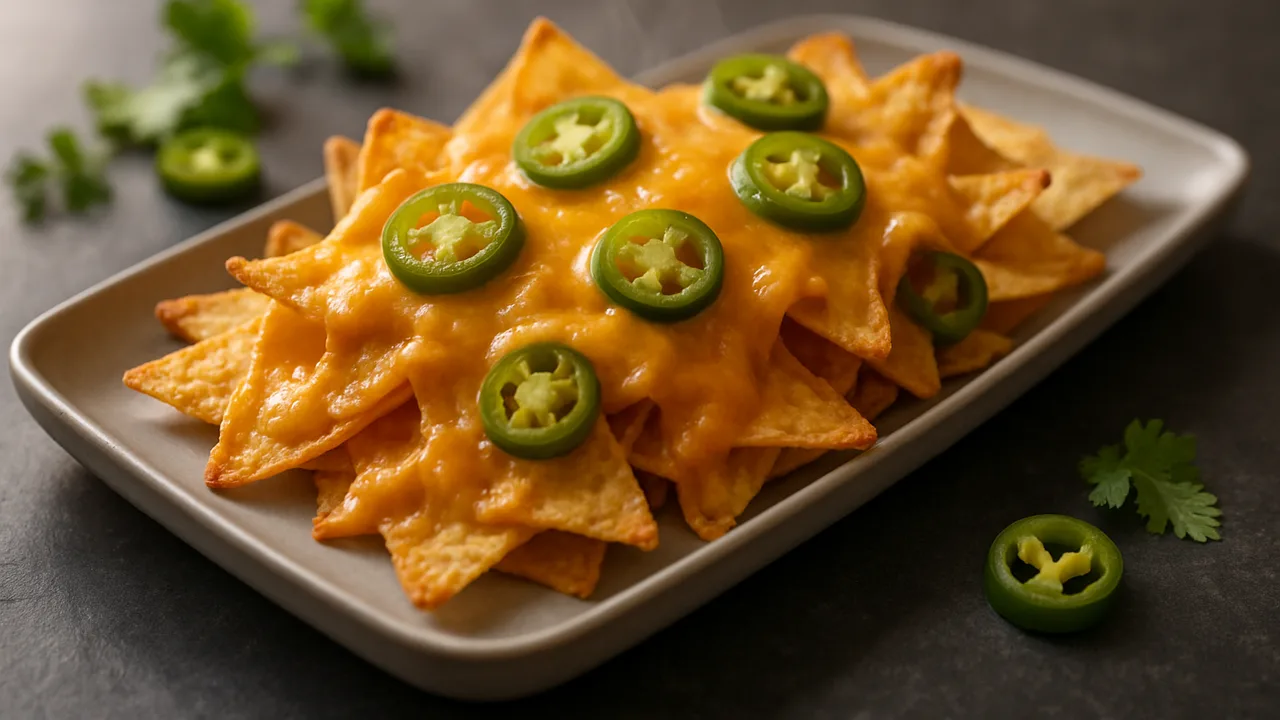 Nachos überbacken mit Käse und Jalapeños aus dem Airfryer mit Tortilla-Chips und Cheddar, auf dunklem Schiefer angerichtet.