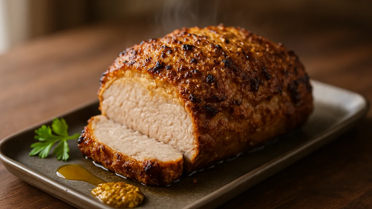 Nackenbraten mit Honig-Senf-Kruste aus dem Airfryer mit Schweinenacken und Honig, auf dunklem Walnussholz angerichtet.