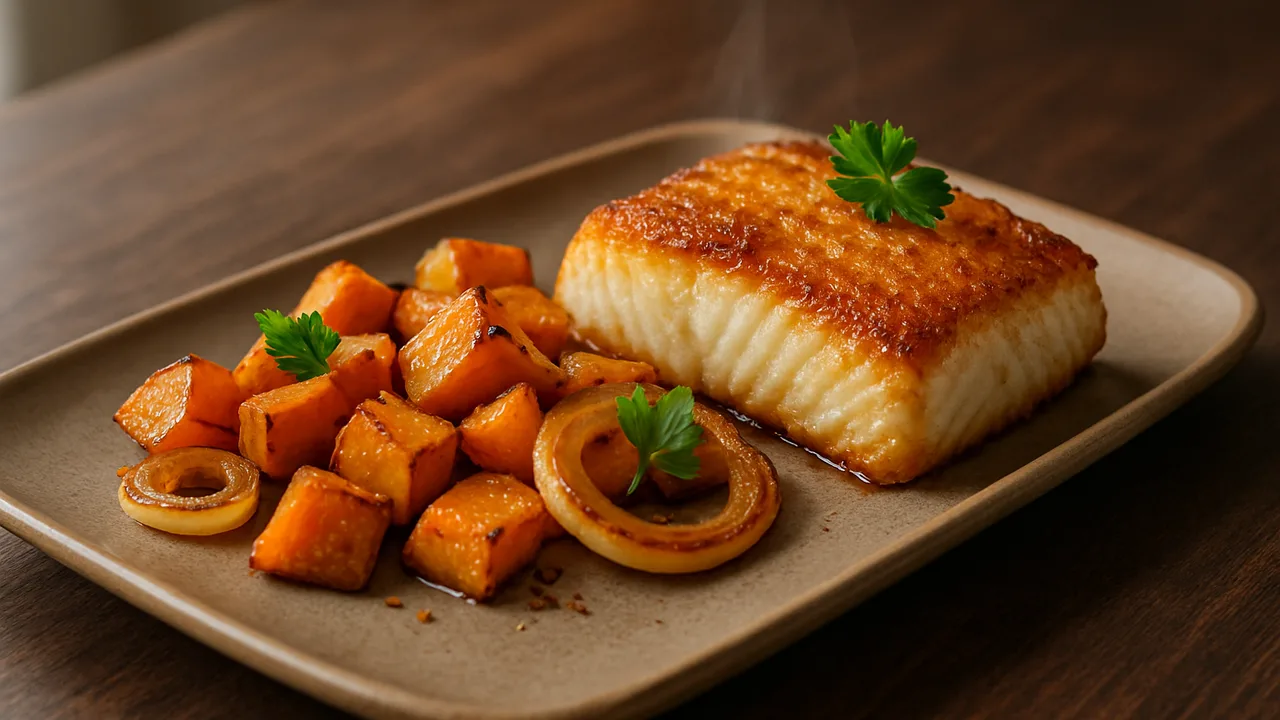 Nordisch Kabeljau mit Kürbis aus dem Airfryer mit Kabeljaufilet und Kürbis, auf dunklem Walnussholz angerichtet.