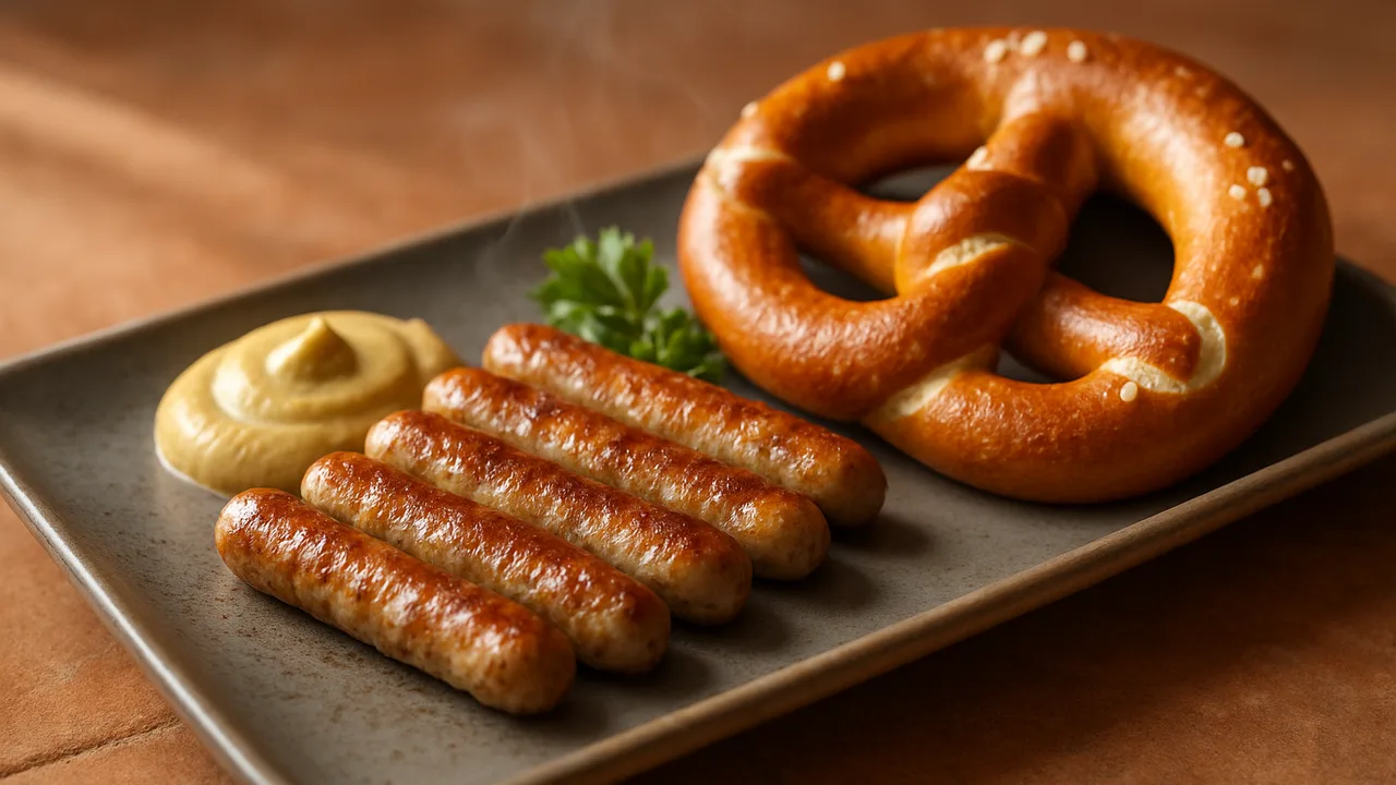 Nürnberger Würstchen mit Senf und Laugenbrezel aus dem Airfryer mit kleine Nürnberger Rostbratwürstchen und Laugenstangen, …
