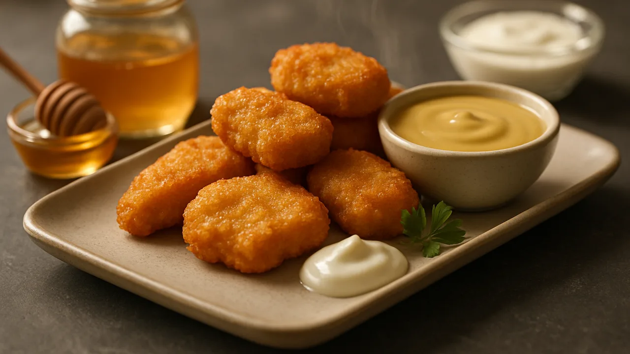 Nuggets mit Honig-Senf-Dip aus dem Airfryer mit Chicken Nuggets und Joghurt, auf dunklem Schiefer angerichtet.