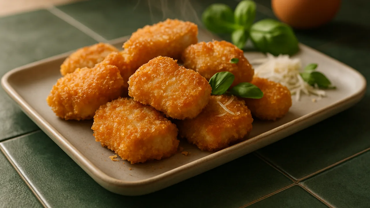 Nuggets mit Parmesan-Panade aus dem Airfryer mit Hähnchenbrust und Eier, auf dunkelgrünen Fliesen angerichtet.