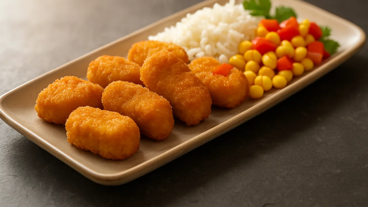 Nuggets-Reis-Bowl mit Mais und Paprika aus dem Airfryer mit Chicken Nuggets und Reis, auf dunklem Schiefer angerichtet.
