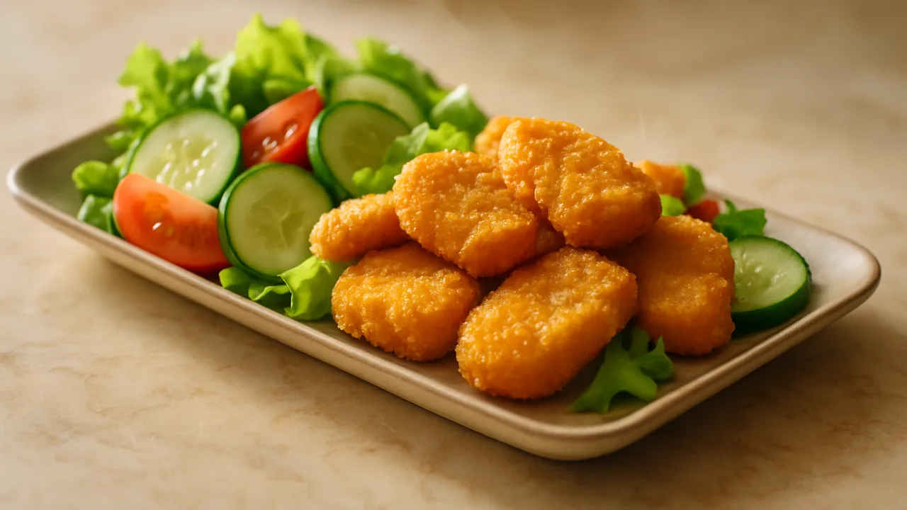 Nuggets-Salat mit Gurke und Tomate aus dem Airfryer mit Chicken Nuggets und Gurke, auf beigem Marmor angerichtet.