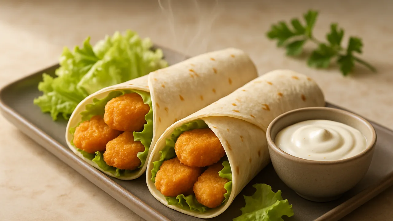 Nuggets-Wraps mit Salat und Dip aus dem Airfryer mit Chicken Nuggets und Tortilla-Wraps, auf beigem Marmor angerichtet.