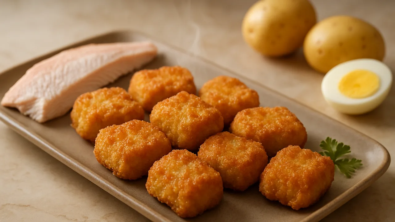 Ofenfrisch Forelle Nuggets mit Kartoffel aus dem Airfryer mit Forellenfilet und Kartoffeln, auf beigem Marmor angerichtet.