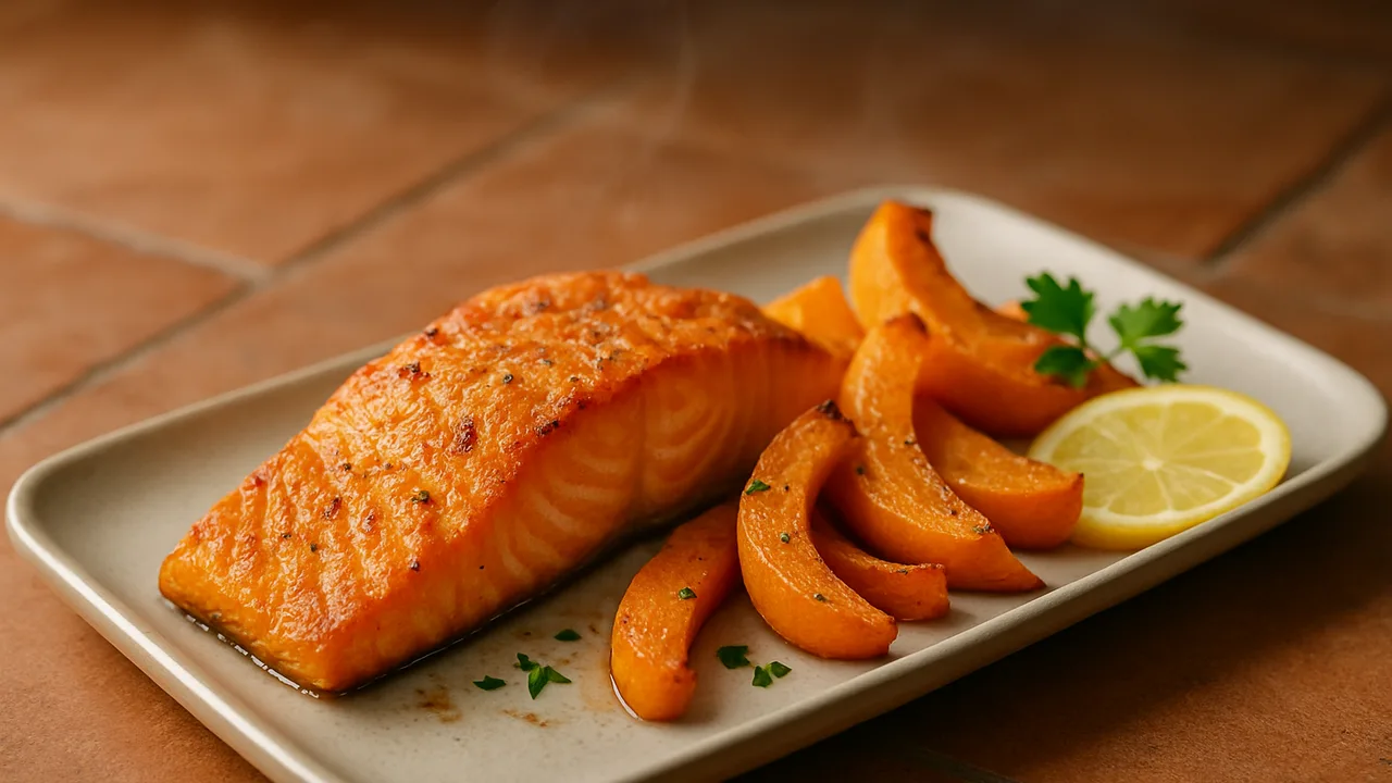 Ofenfrisch Lachs mit Kürbis aus dem Airfryer mit Lachsfilet und Hokkaidokürbis, auf Terracotta-Fliesen angerichtet.