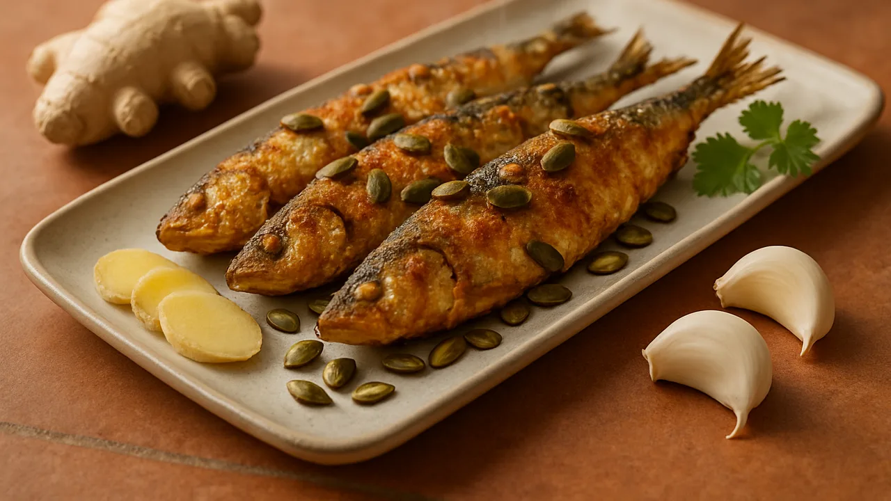 Ofenfrisch Sardinen-Ingwer mit Kürbiskernen aus dem Airfryer mit Sardinen und Ingwer, auf Terracotta-Fliesen angerichtet.