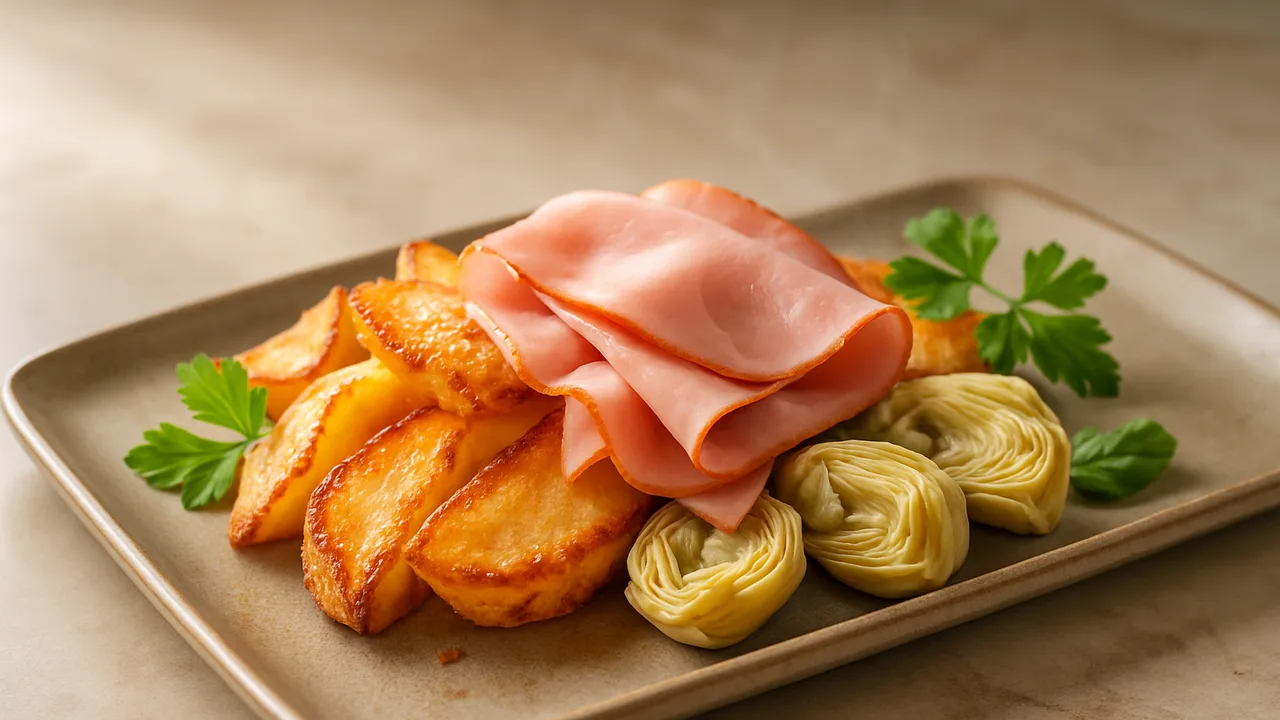 Ofenfrisch Schinken mit Artischocke aus dem Airfryer mit Kartoffeln und Gekochter Schinken, auf beigem Marmor angerichtet.