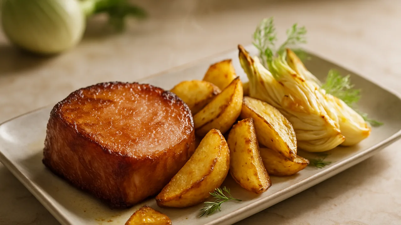Ofenfrisch Schinken mit Fenchel aus dem Airfryer mit Schinken und Fenchel, auf beigem Marmor angerichtet.
