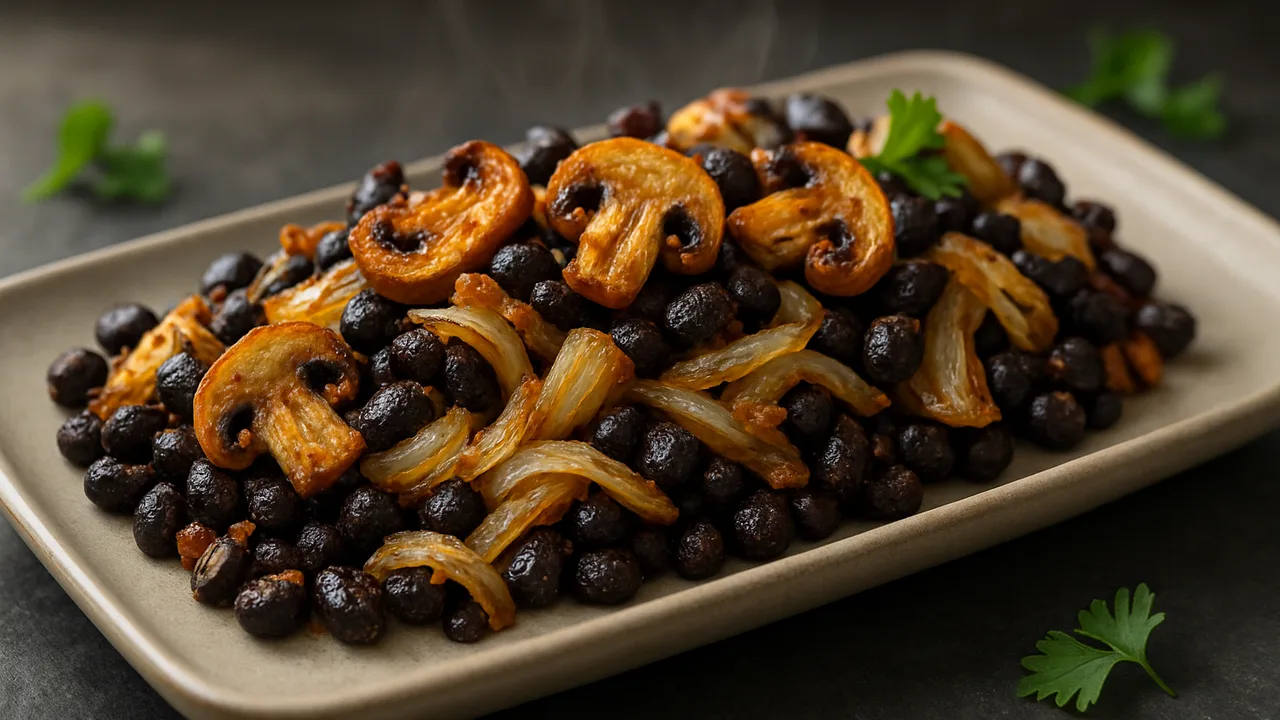 Ofenfrisch Schwarze Bohnen mit Champignons aus dem Airfryer mit Schwarze Bohnen und Champignons, auf dunklem Schiefer …