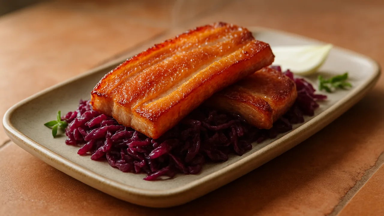 Ofenfrisch Speck mit Rotkohl aus dem Airfryer mit Speck und Rotkohl, auf Terracotta-Fliesen angerichtet.