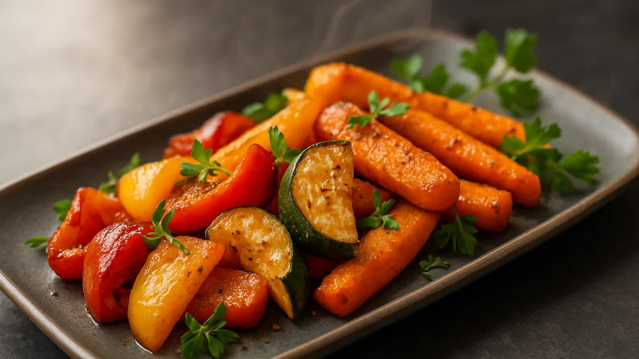Ofengemüse bunt mit Kräutern aus dem Airfryer mit Paprika und Zucchini, auf dunklem Schiefer angerichtet.