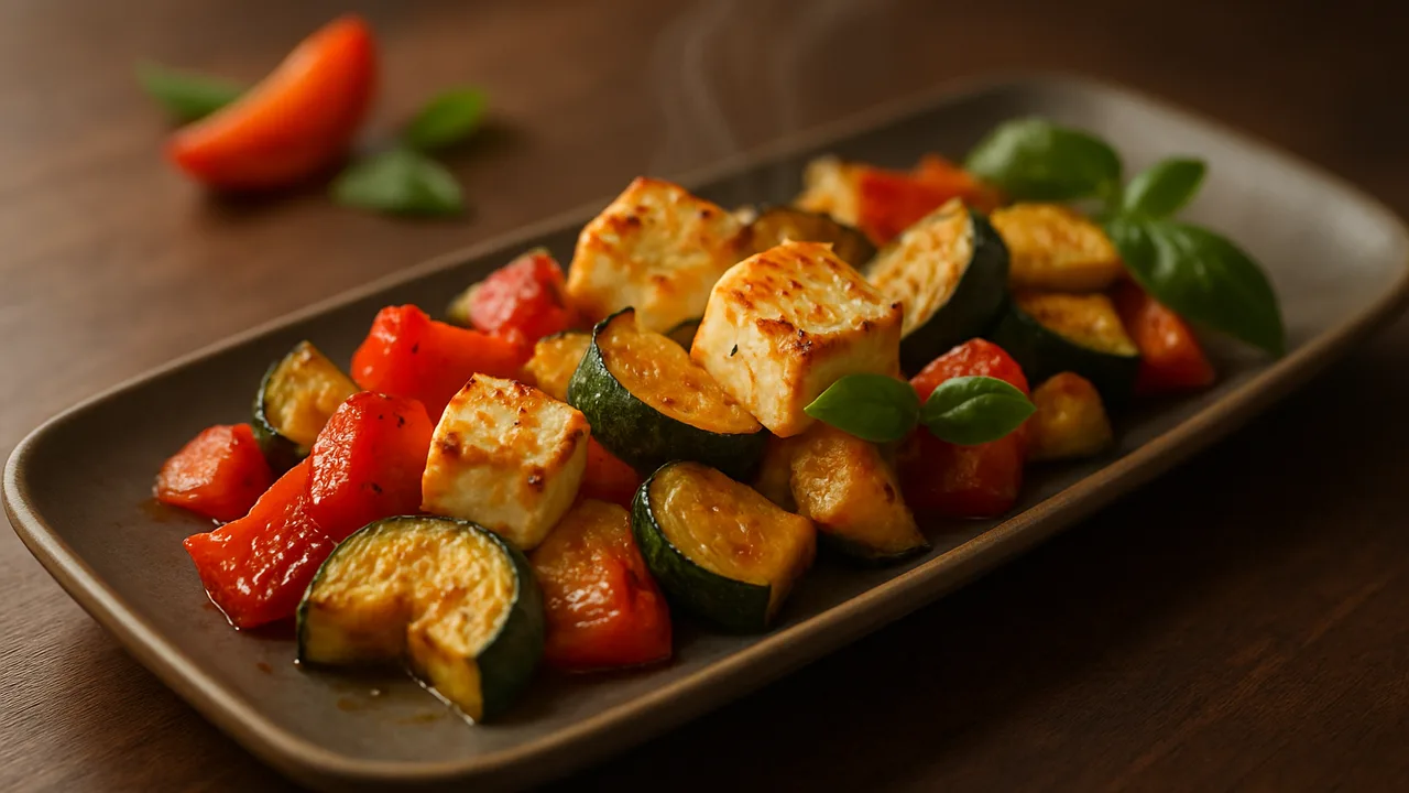 Ofengemüse mit Feta aus dem Airfryer mit Paprika und Zucchini, auf dunklem Walnussholz angerichtet.