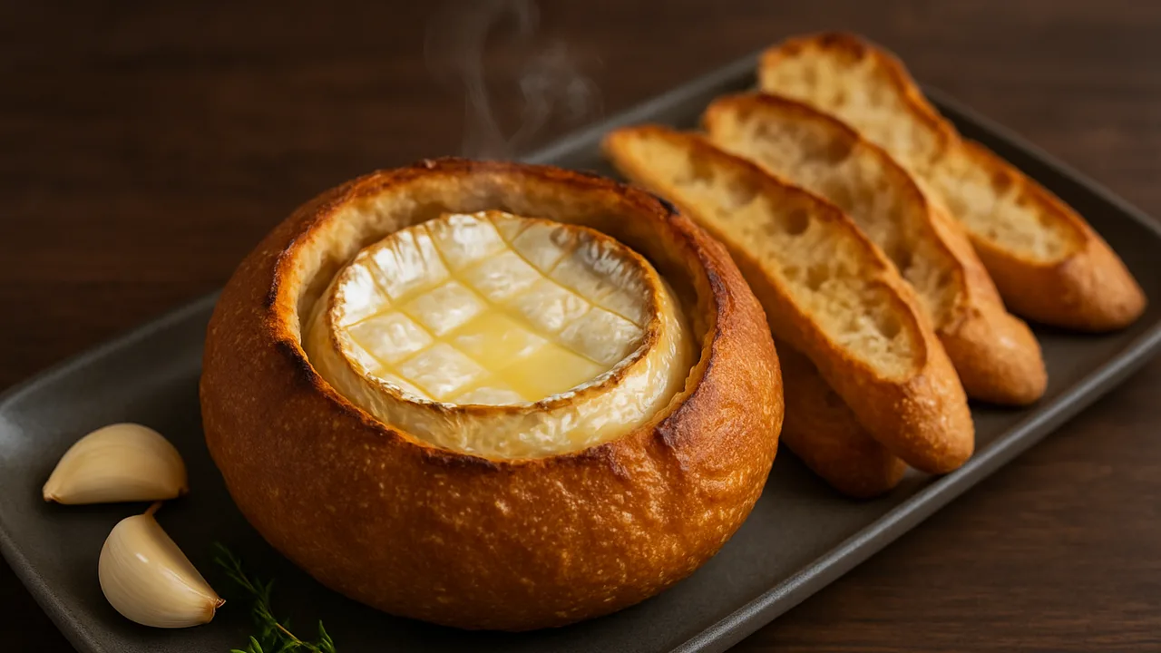 Ofenkäse im Brotlaib mit Baguette aus dem Airfryer mit Camembert und Baguette, auf dunklem Walnussholz angerichtet.