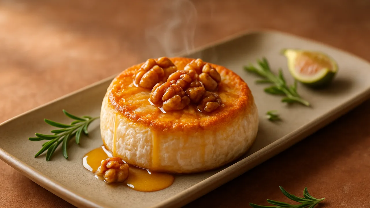 Ofenkäse mit Camembert und Honig aus dem Airfryer mit Camembert und Honig, auf Terracotta-Fliesen angerichtet.