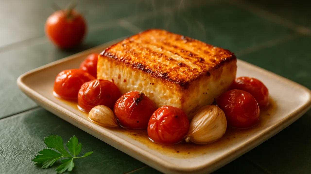 Ofenkäse mit Feta und Kirschtomaten aus dem Airfryer mit Feta und Kirschtomaten, auf dunkelgrünen Fliesen angerichtet.