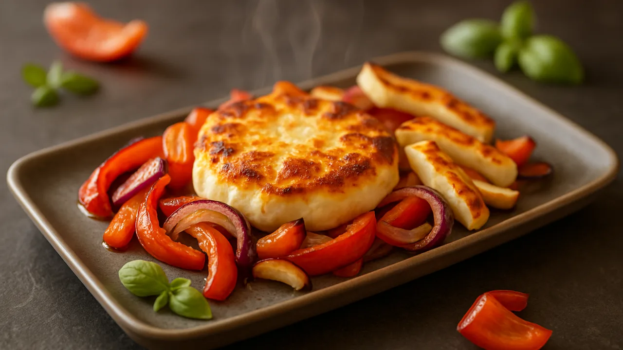 Ofenkäse mit Halloumi und Paprika aus dem Airfryer mit Halloumi und Paprika, auf dunklem Schiefer angerichtet.