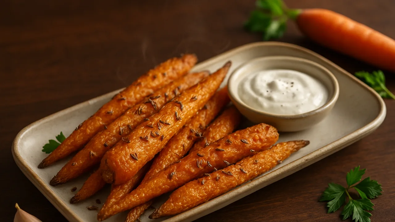 Ofenkarotten mit Kreuzkümmel und Joghurt-Dip aus dem Airfryer mit Karotten und Joghurt, auf dunklem Walnussholz angerichtet.
